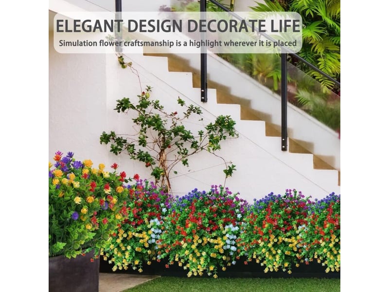  12 bouquets fleurs artificielles exterieur, fleurs exterieur verdure, plantes en plastique uv résistant, paquets fleurs artificielles extérieur pour décoration de la maison  - Conforama E