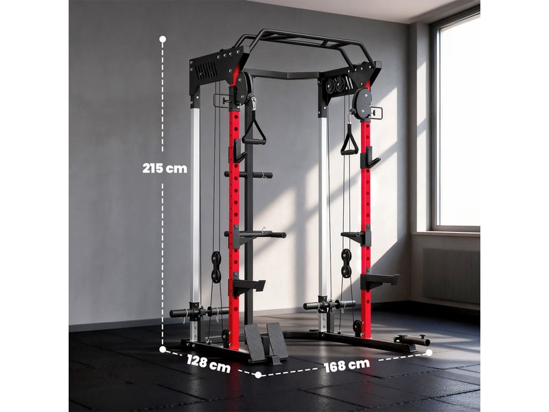  Station de musculation power rack 900kg double poulie réglable 19 niveaux home gym complet pour entraînement force noir  - Conforama E