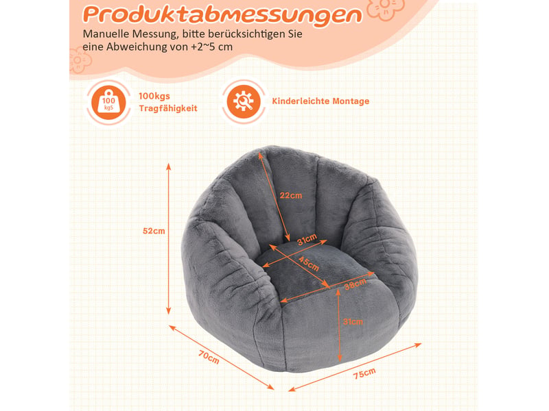 Fauteuil poire enfant souple en peluche grise, mousse, 75 x 70 x 52 cm - Conforama C