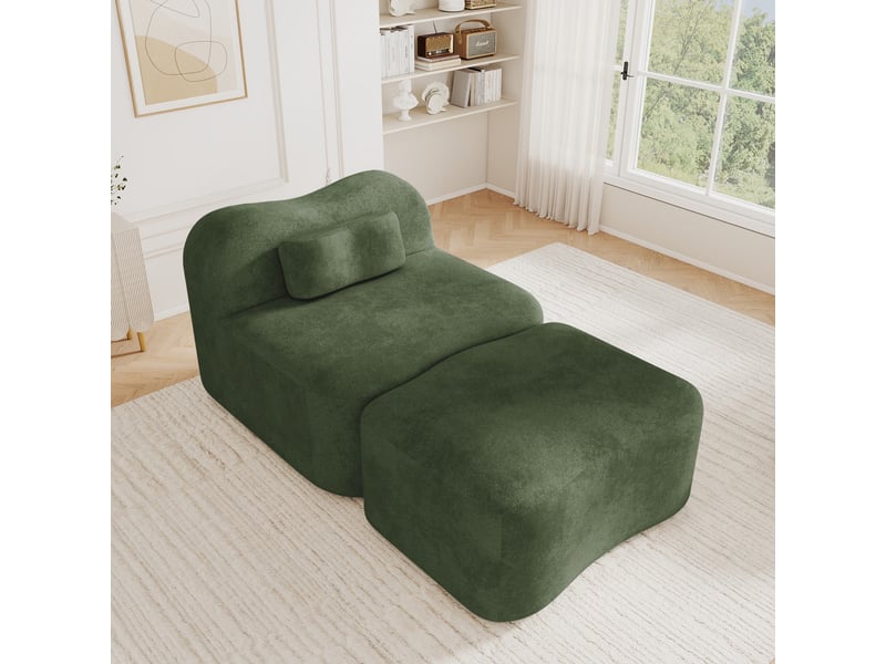  Fauteuil avec pouf - 96x167x70 cm - chauffeuse méridienne modulable velours, mousse 32d sans structure rigide 350kg - vert  - Conforama D