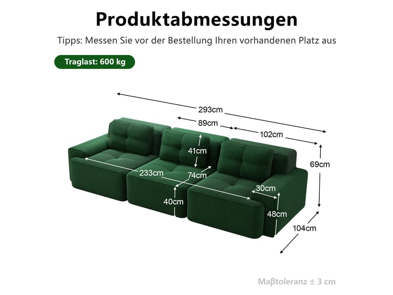  Canapé modulable 3 places sans structure,293x104x69cm,canapé à compression en velours côtelé,assise profonde et rembourrage haute densité 32d - vert  - Conforama C
