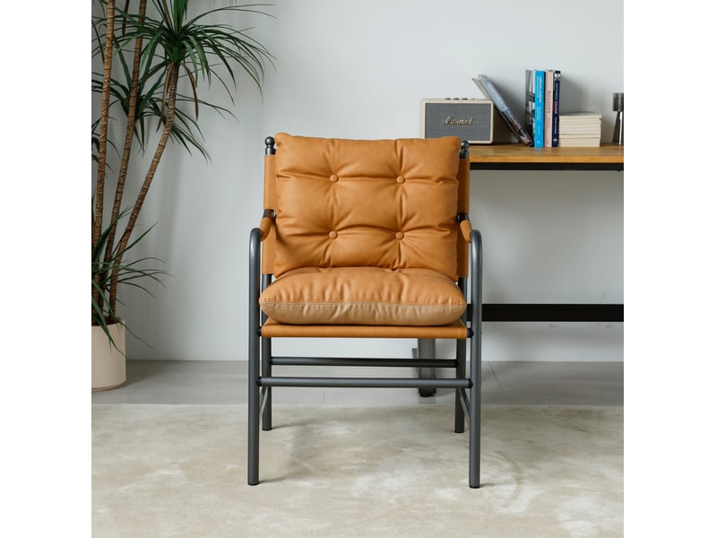  Fauteuil avec accoudoirs et dossier rembourré pour salon, style milieu du siècle en cuir synthétique et métal marron  - Conforama D