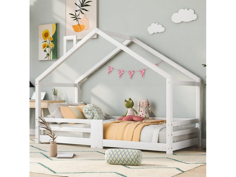  Lit cabane enfant 90x200 cm avec barrières de sécurité et sommier - blanc  - Conforama C