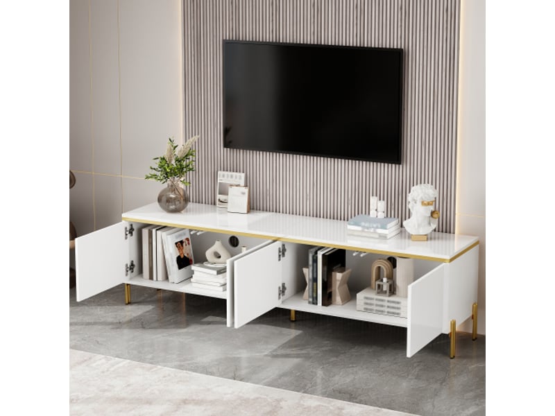  Meuble tv moderne laqué brillant - 4 portes - passe-câbles - bande de chant dorée - rangement salon  - Conforama D