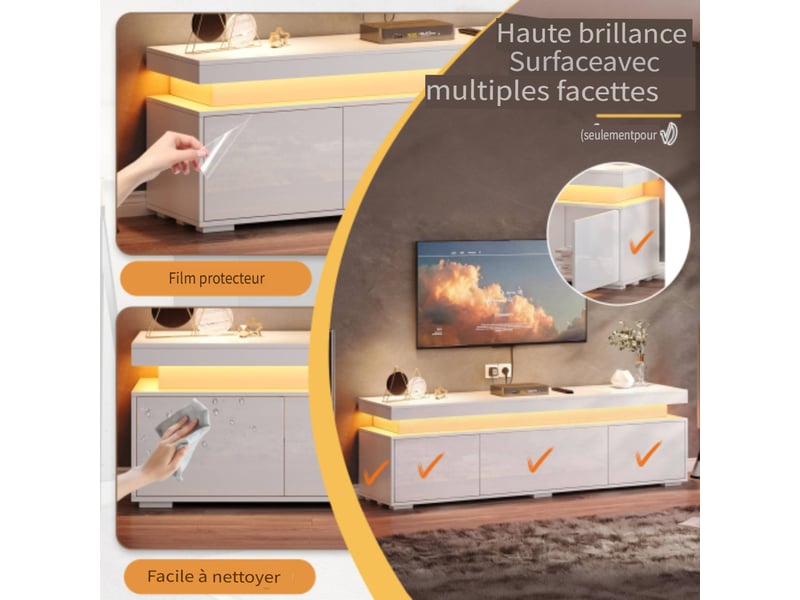  Meuble tv led blanc 150 cm, banc tv moderne avec 3 portes et rangement  - Conforama E