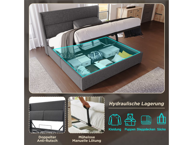  Lit coffre, lit double 160x200 cm, rangement hydraulique, sommier à lattes, matelas inclus, lin gris  - Conforama R
