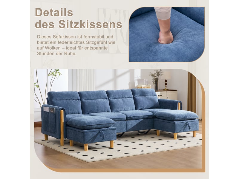  Canapé en u 4 places en chenille bleu avec 2 poufs et rangements intégrés pour le salon familial  - Conforama E