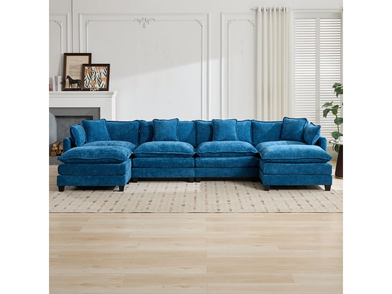  Canapé droit modulable 4 places 380 × 75 × 84 cm en chenille bleu, coussins rembourrés IKSETERA TRADING LTD - Conforama D