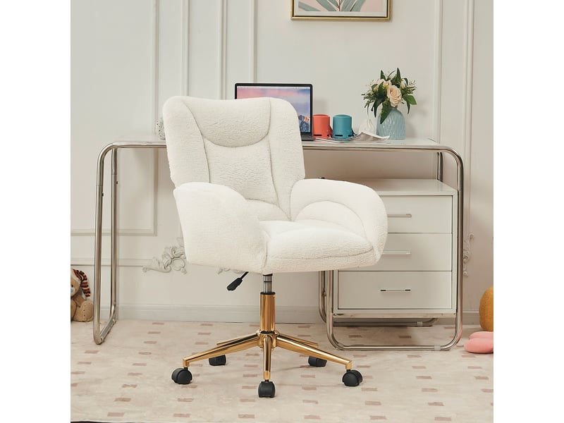  Chaise de bureau pivotante à hauteur réglable avec roulettes, dossier ergonomique et finition luxueuse en teddy, blanc  - Conforama C