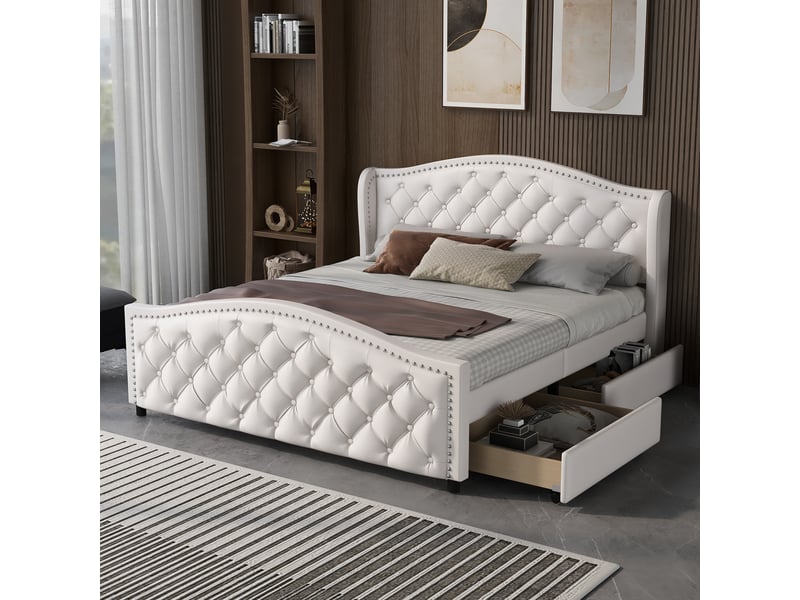 Lit double 140x200 cm avec 2 tiroirs - lit capitonné blanc avec sommier à lattes - simili cuir - Conforama E