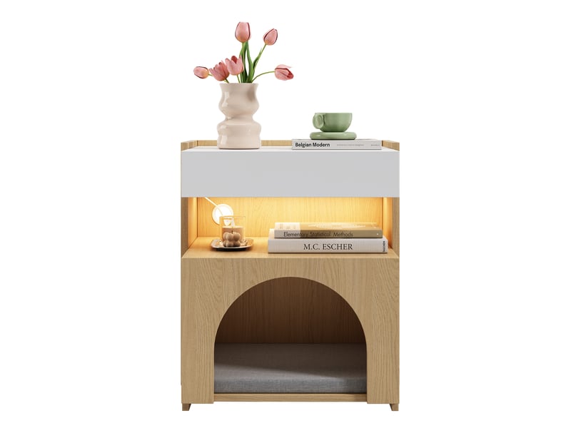  Table de chevet avec tiroir, niche led et cachette 47×39×58 cm blanc et naturel  - Conforama A