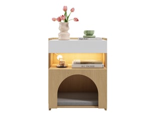 Table de chevet avec tiroir, niche led et cachette 47×39×58 cm blanc et naturel
