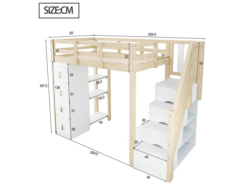  Lit mezzanine 90x200 cm avec tiroirs, escalier de rangement, bois naturel sans matelas  - Conforama D