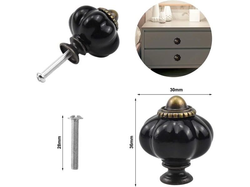 Paquet de 6 poignées en acrylique noir, poignées vintage pour armoires de cuisine, tiroirs et portes - Conforama A