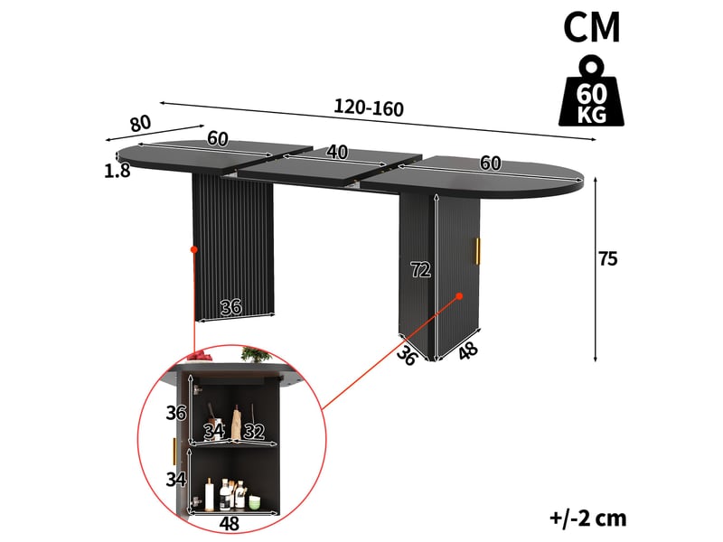 Table à manger extensible 120 à 160 cm, table de cuisine avec rangement et étagère réglable, mdf, noir Fay Lum - Conforama C
