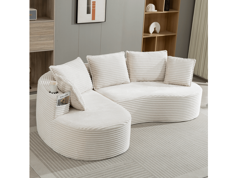  Canapé fixe incurvé 3 places en velours côtelé beige, avec porte-gobelets et poches latérales pour le salon  - Conforama B