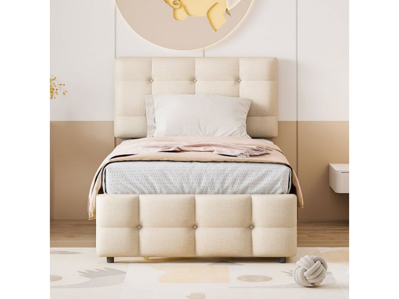  Lit gigogne 90x200 cm, tête de lit réglable et lit gigogne, en tissu, beige, sans matelas  - Conforama C