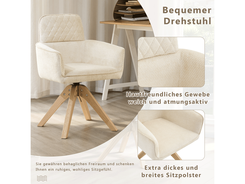 Chaise de salle à manger lot de 2 pivotante à 360° - accoudoirs, pieds bois, tissu - crème - Conforama E