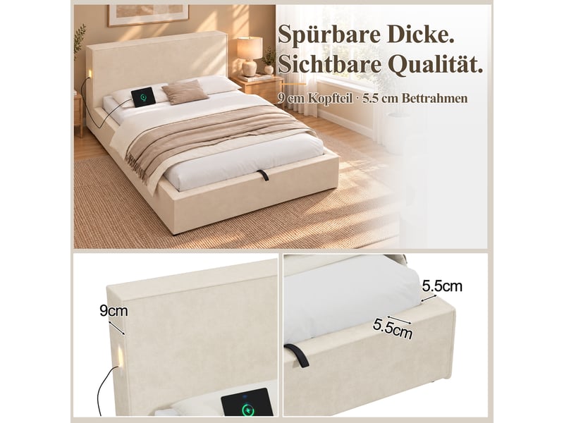  Lit enfant beige 120x200 cm en chenille, sommier à lattes, coffre à levage hydraulique et tête épaisse rembourrée  - Conforama E