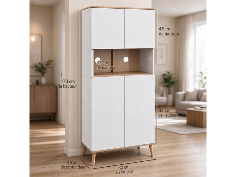  Meuble de cuisine blanc, buffet haut avec niche pour micro-ondes, 80 x 40 x 178 cm  - Conforama C