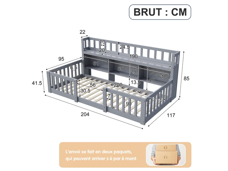  Lit enfant 90x200 cm avec bibliothèque, lit au sol avec barrière de sécurité et sommier à lattes, cadre de lit montessori au sol en bois massif, gris  - Conforama C