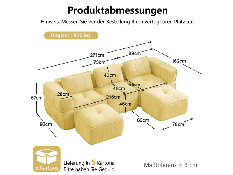  Canapé 3 places - 271x162x67cm - canapé panoramique en u avec 2 poufs repose-pieds en mousse 32d sans cadre - jaune  - Conforama E
