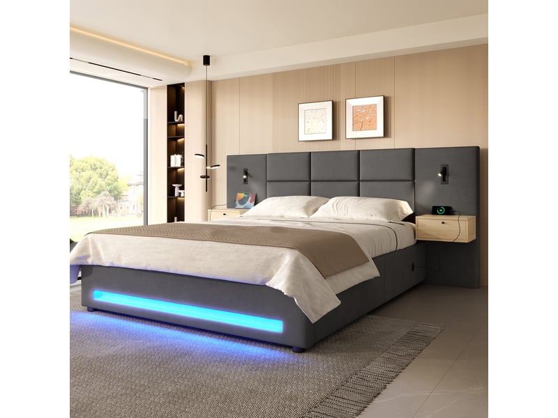  Lit coffre 180x200 cm velours, tiroirs, rangement hydraulique, led, usb-c, structure métallique  - Conforama B