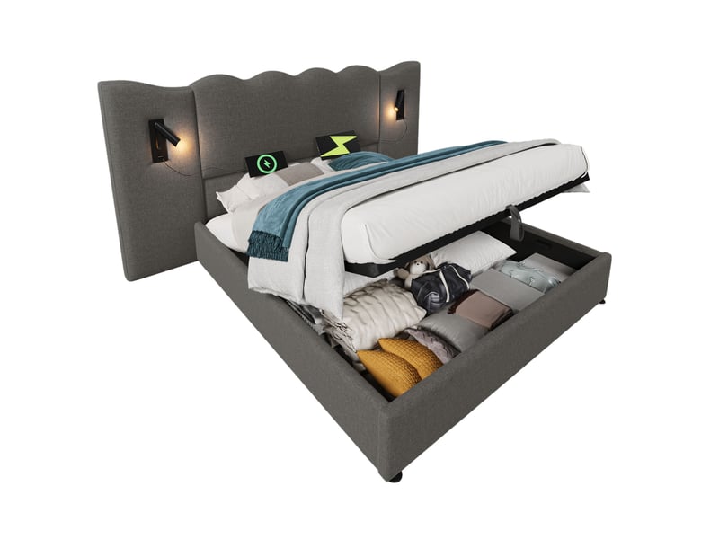  Lit avec rangement en lin gris 160x200 cm  - Conforama A