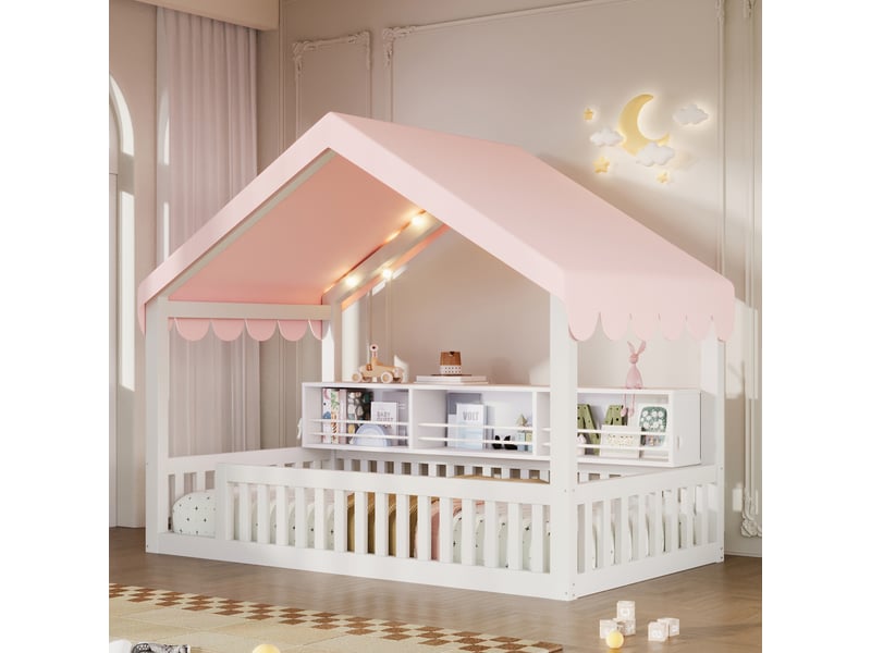 Lit enfant 90 x 200 cm, cadre de lit avec rangement, étagères ouvertes, éclairage led, barrières de sécurité, bois, blanc Morn Vibe - Conforama D
