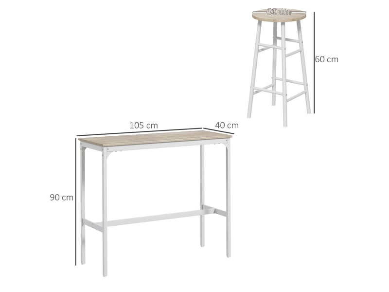  Ensemble table haute et deux tabourets de bar avec repose-pieds, style industriel, blanc et chêne.  - Conforama E