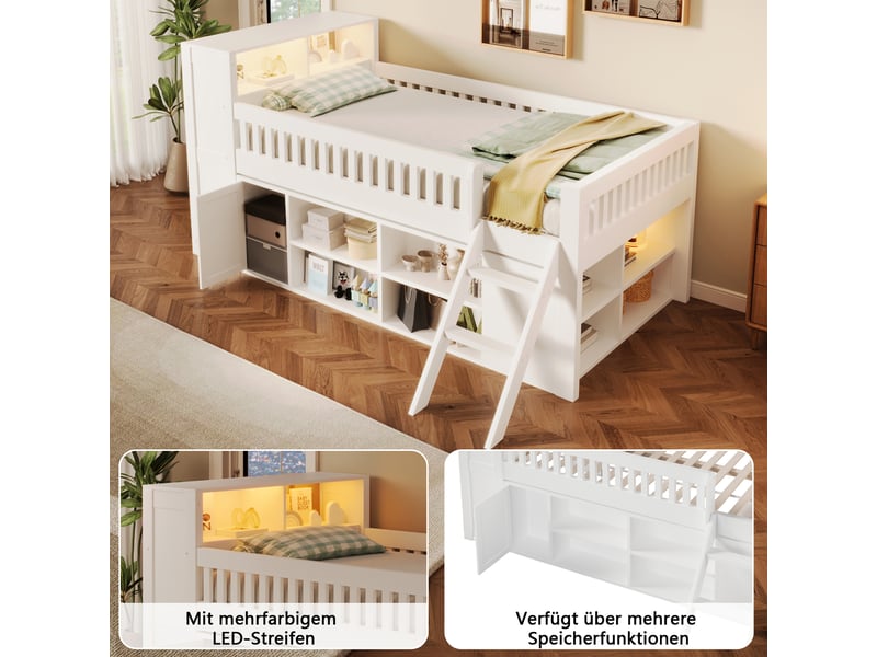  Lit mezzanine 120x200 cm blanc, avec rangements, étagères ouvertes, placard, led au chevet, échelle, sommier inclus, sans matelas  - Conforama D
