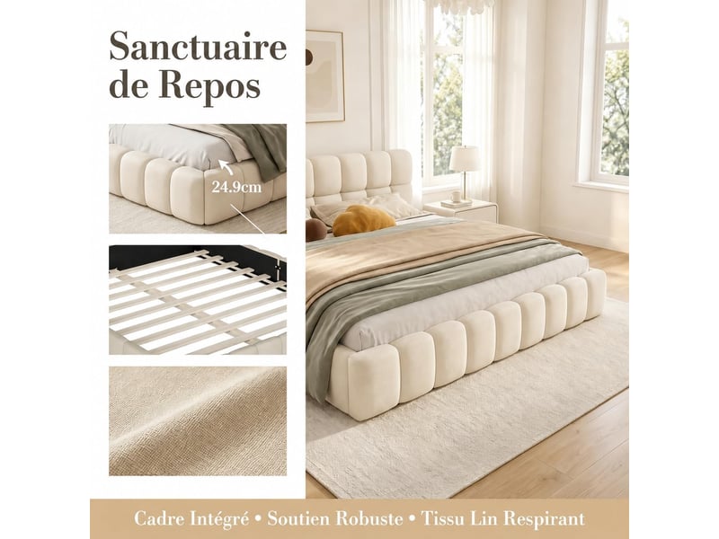  Lit 2 places 140x190 cm tissu lin coloris beige  - Conforama E