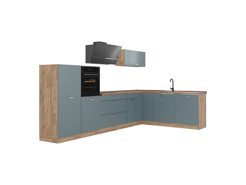 Vicco cuisine en angle, bleu-grischêne doré, 347 x cm plan de travail chêne doré - Conforama A