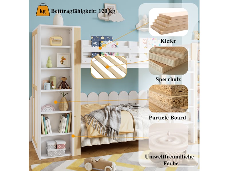  Lit superposé enfant 90x200 cm avec armoire et rangements blanc et naturel  - Conforama E