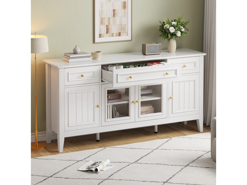  Commode 3 tiroirs et 4 portes, 160 x 40 x 78,5 cm, mdf avec portes vitrées, poignées en fer et éclairage led contrôlable par application, blanc  - Conforama D