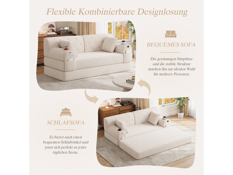  Canapé droit convertible 2 places en velours côtelé beige 168x80x81 cm, dossier haut, porte-gobelets, poches, salon 168x80x81cm - Conforama W