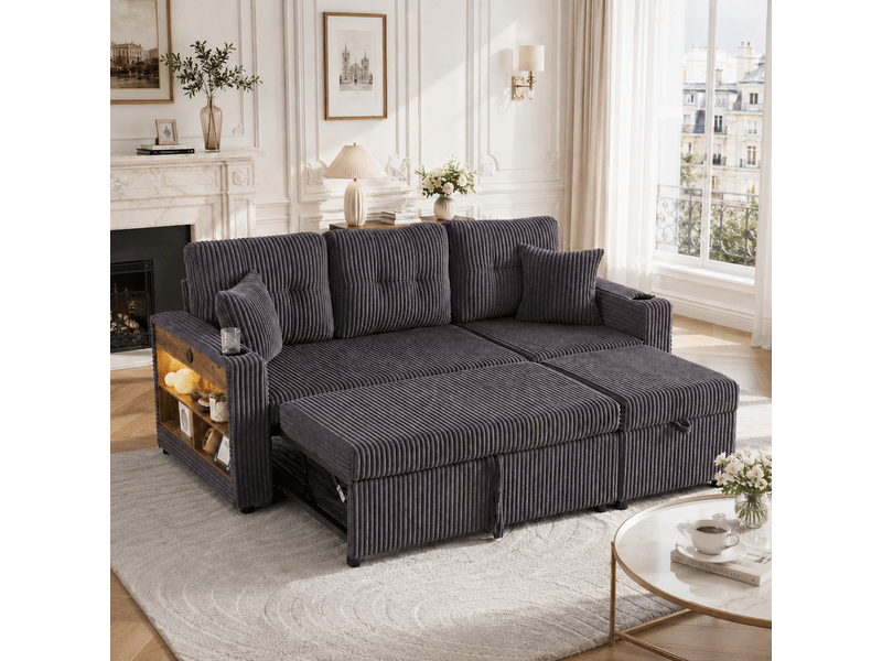  Canapé convertible 196 x 82-144 x 85 cm,coffre de rangement,usb-c, éclairage d’ambiance,porte-gobelets,accoudoirs larges,velours côtelé,gris foncé Bliss Lite - Conforama B
