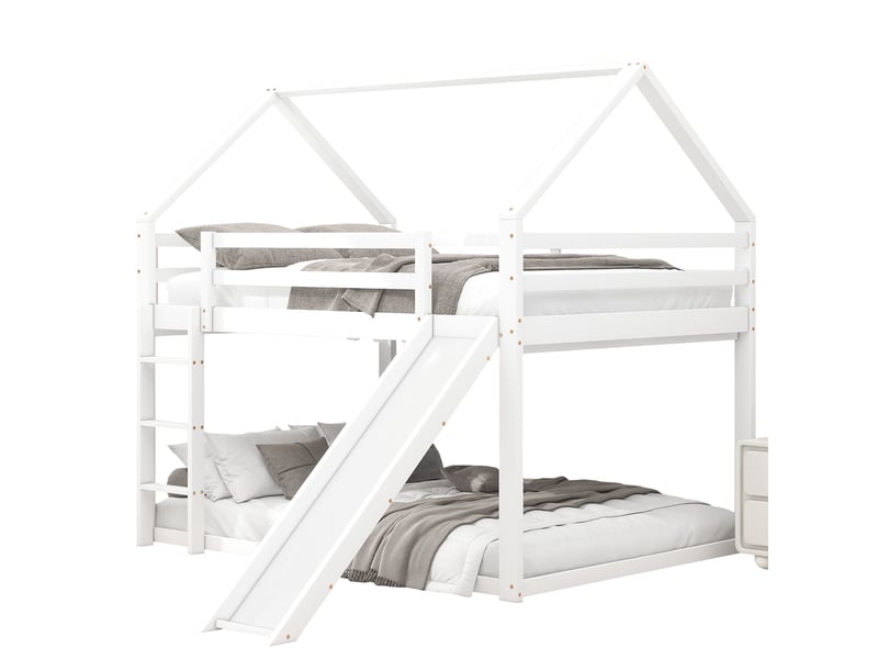  Lit cabane superposé 140x200 cm, lit enfant avec toboggan et échelle de sécurité, structure en bois massif pour chambre, blanc et gris  - Conforama W