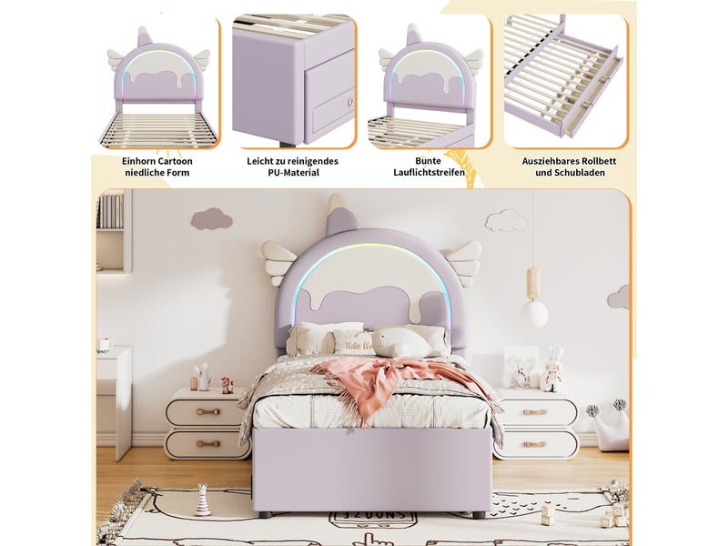 Lit enfant simple 90×200 cm, tête licorne, lit gigogne et tiroirs - okmyhome- en pu violet, sans matelas - Conforama E