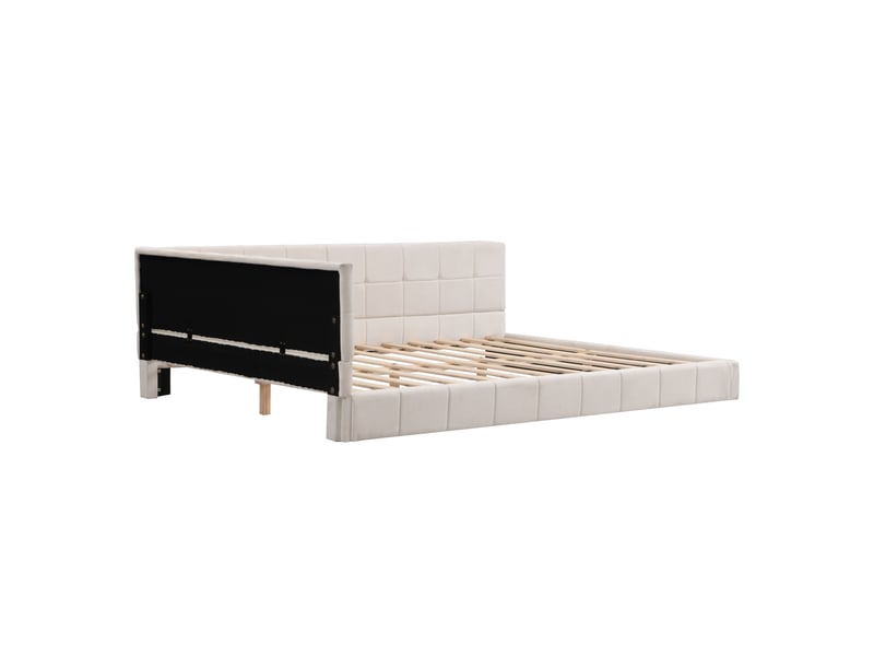  Lit capitonné et canapé-lit 140x200 cm multifonctionnel en velours, beige, avec lattes, sans matelas  - Conforama A