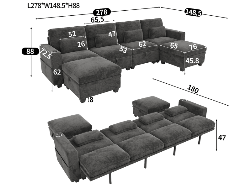  Canapé modulable 6 places en ul 278x148,5 cm avec fonction couchage, 6 coffres, dossier 3 positions, usbusb-c, chenille gaufrée gris Morn Vibe - Conforama E