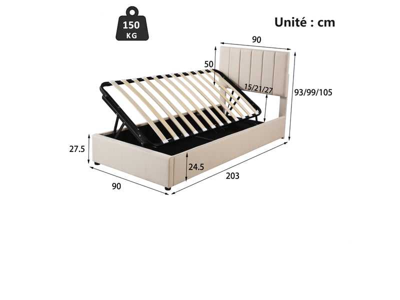 Lit coffre 90x200 cm - lit simple avec coffre intégré - en lin - sans matelas - beige - Conforama C