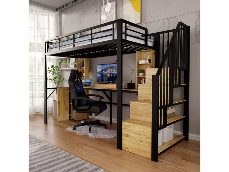  Lit mezzanine 90x200 cm - lit combiné métal avec bureau, port usb, armoire et escalier rangements - noir  - Conforama D