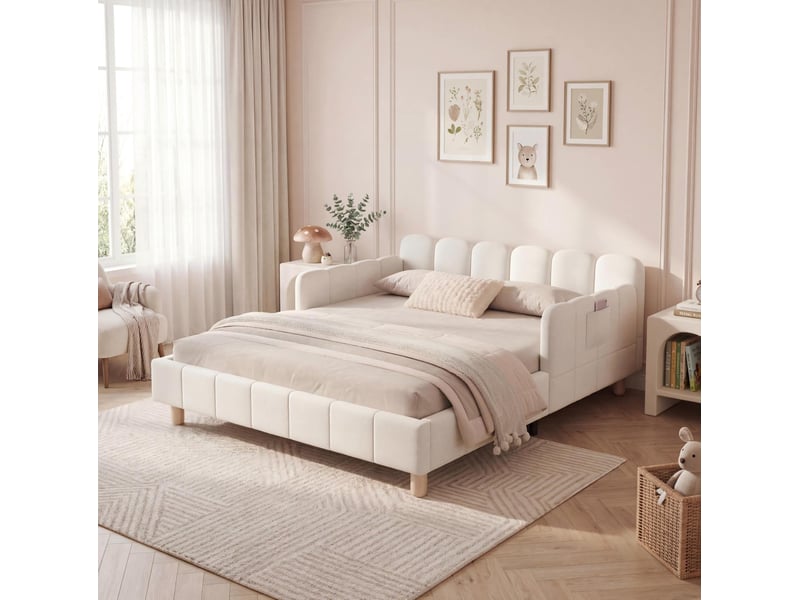  Lit enfant 140 x 200 cm en velours beige avec sommier à lattes et barrières de protection  - Conforama D