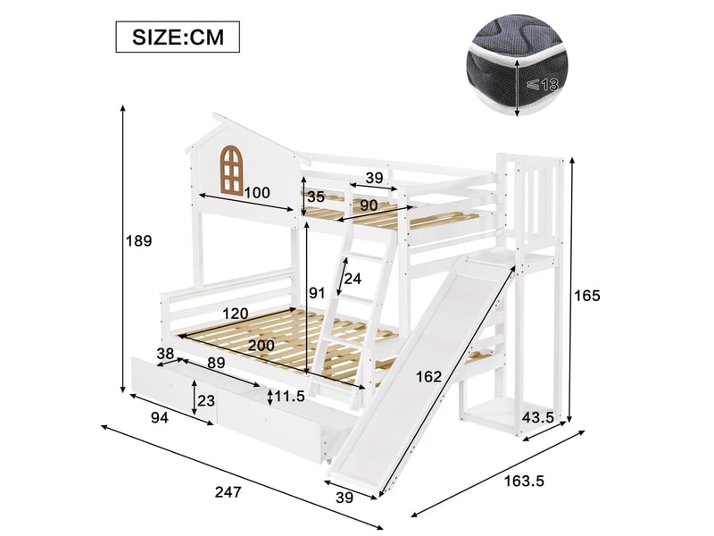  Lit superposé enfant avec toboggan et 2 tiroirs blanc 90x200 et 120x200 cm  - Conforama E