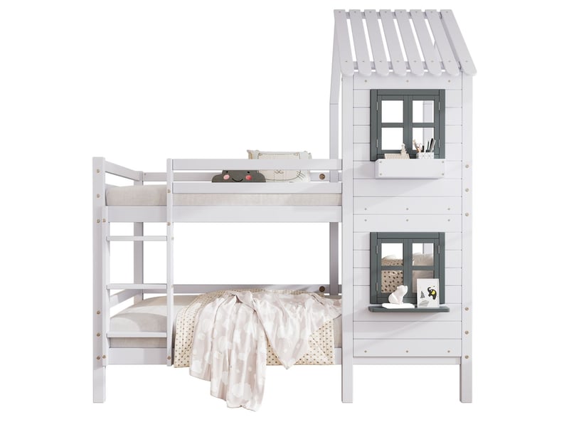  Lit superposé 90 x 200 cm lit cabane main courante et fenêtre intégrée cadre en pin blanc protection contre les chutes  - Conforama E