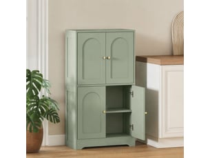 Bahut armoire de cuisine - 4 portes, 2 étagères - dim. 60 x 30 x 110 cm - vert de gris doré