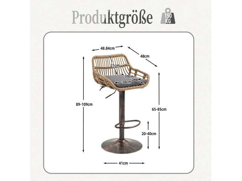  Lot de 2 chaises 49 x 48 x 89-109 cm, assise en lin, gris, rotin pe et base métallique, design rétro, robuste et confortable  - Conforama C
