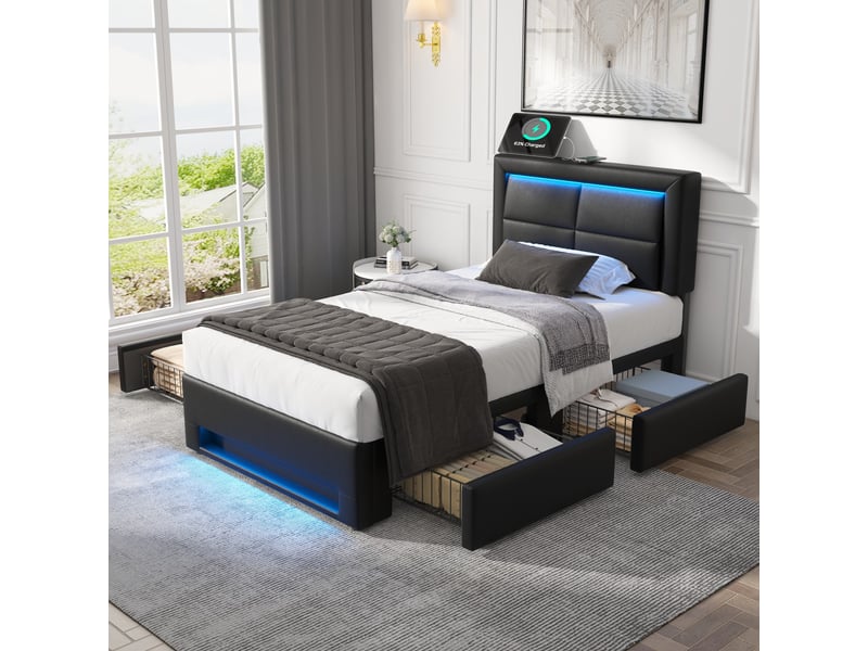  Lit capitonné en pu noir 90 x 200 cm  - Conforama D
