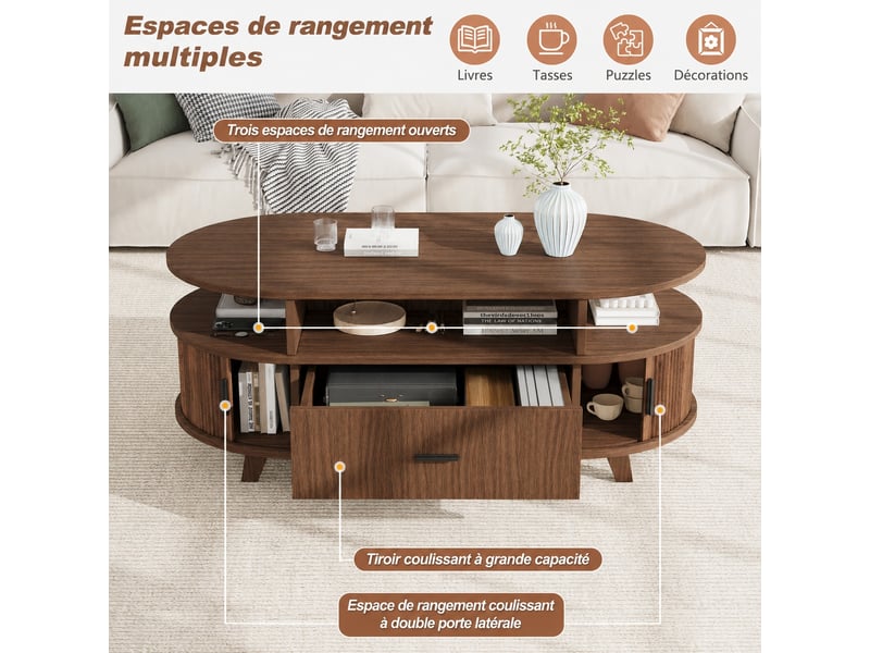 Table basse ovale couleur noyer, 1 tiroir, 2 portes à rideau, rangements ouverts et fermés, 100 x 50 x 40 cm - Conforama D